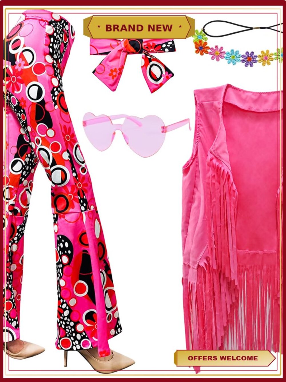 5pc 60s 70s Hippie Costume Fringe Vest Bell Bottoms Peace Set Halloween